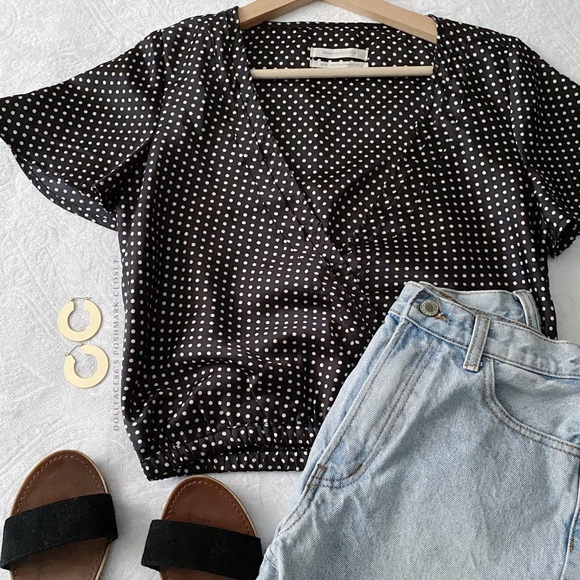 Urban Outfitters Tops - UO Satin Black + White Polkadot Crop top